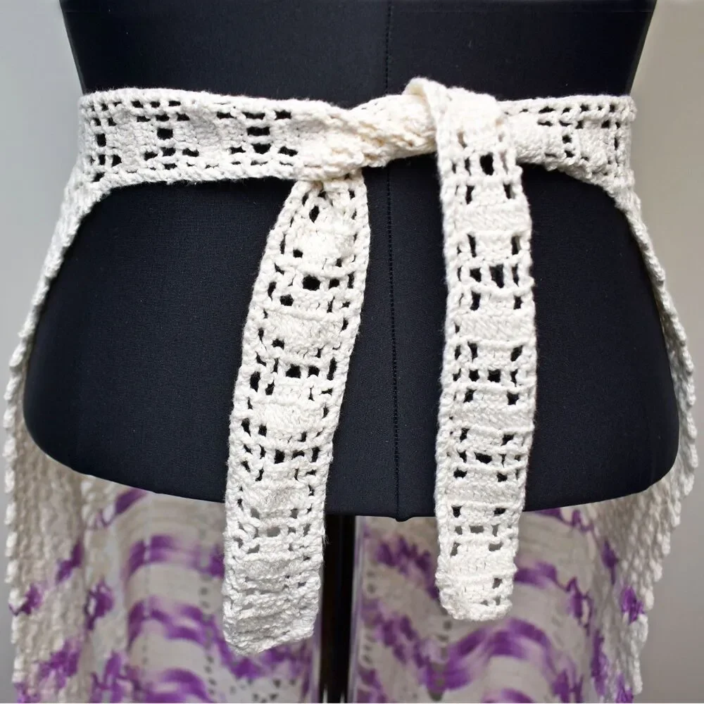 Vintage Handmade Crochet Half Apron White Purple Boho Farmhouse Kitchen Cottage